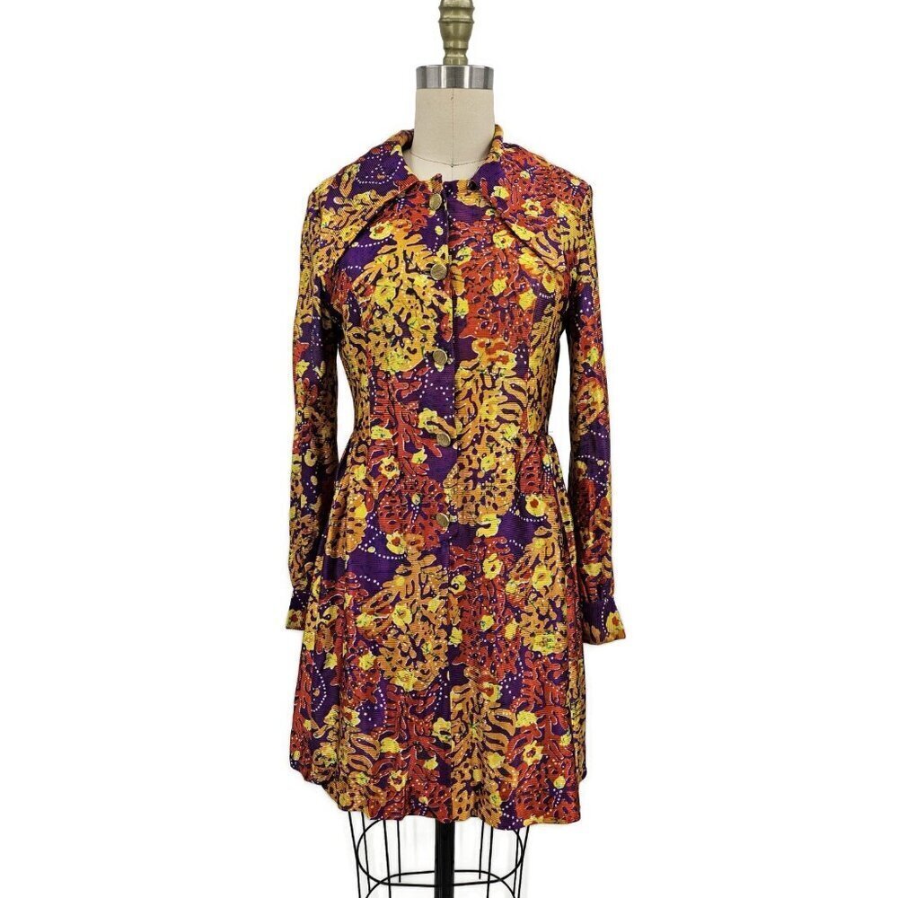 VTG Joseph Magnin Mod Mini Dress Womens 11 Long Sleeve Floral Large Collar
